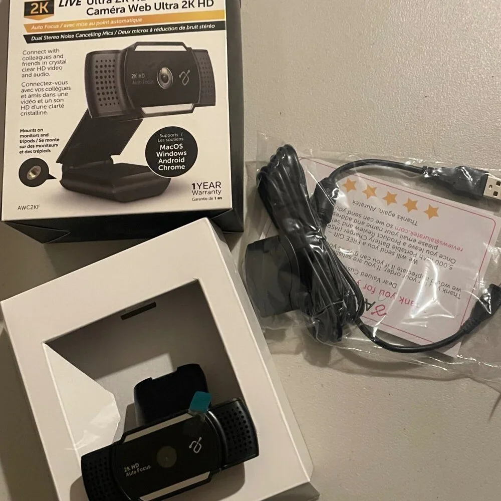 Aluratek Webcam 2K HD AWC2KF Auto Focus USB Dual Mics Windows Mac Android Chrome